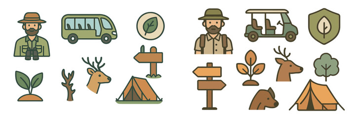 Nature exploration icons featuring camping, wildlife, and outdoor activities in a minimalist style