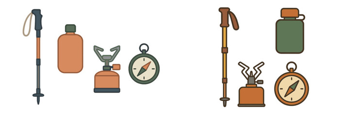 Camping gear essentials with hiking poles, fuel canisters, and compasses for outdoor adventures