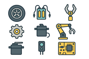 Collection of mechanical and electronic components displayed on a flat surface for educational purposes and design inspiration
