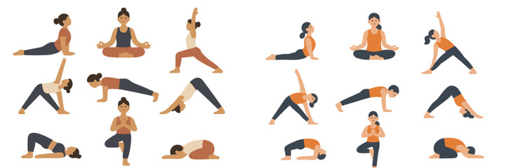 Various yoga poses demonstrated by diverse women in a calm indoor setting during a wellness class for fitness and relaxation