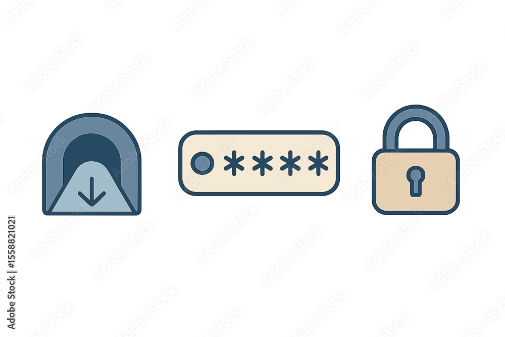Poster symbols representing online security, password protection, and encryption concepts in a digital envi