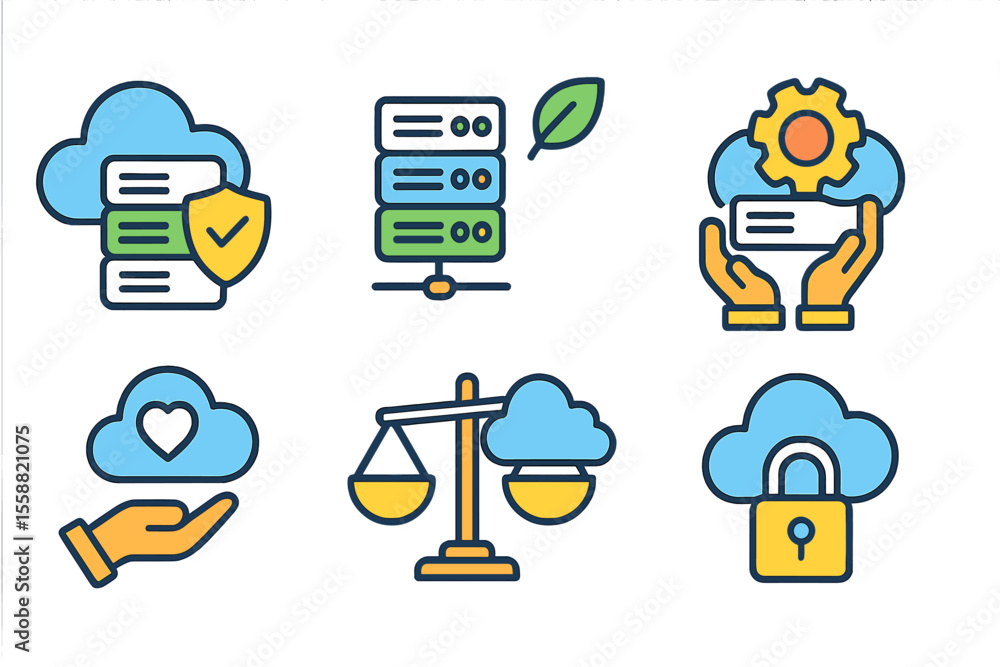 Poster diverse cloud computing icons illustrating data security, management, and balance in technology usag