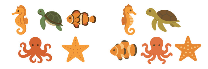 Colorful marine animals display in a playful arrangement with seahorses, turtles, clowns fish, and octopuses presenting a vibrant underwater theme