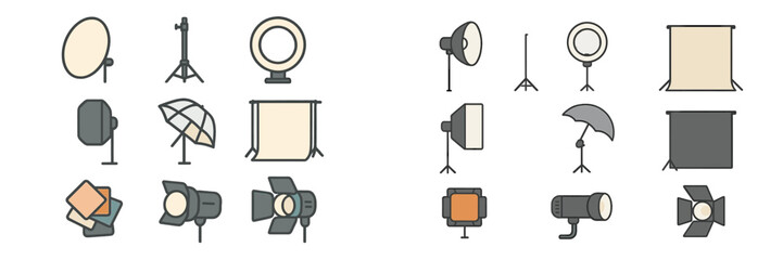 Collection of photography lighting equipment and accessories in a studio setting