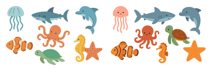 Colorful sea creatures in a playful underwater illustration for children's educational materials