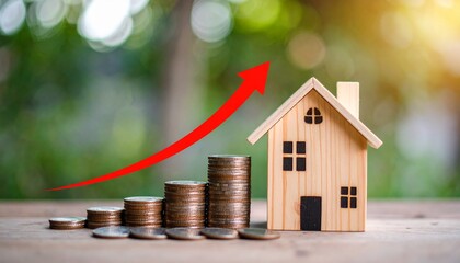 Model House with a Rising Red Arrow and Coin Stacks, Understanding Real Estate Investment and Property Value Appreciation