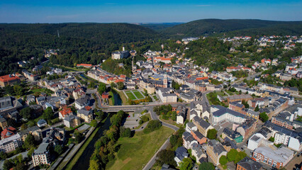 Aerial view of the old town of the city Greiz on a sunny noon in summer in Germany.