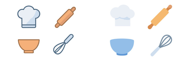 Culinary tools and utensils arranged in a flat design depicting various kitchen activities and baking preparations