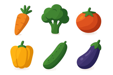 Colorful cartoon vegetables including carrot, broccoli, tomato, bell pepper, cucumber, and eggplant arranged on a white background