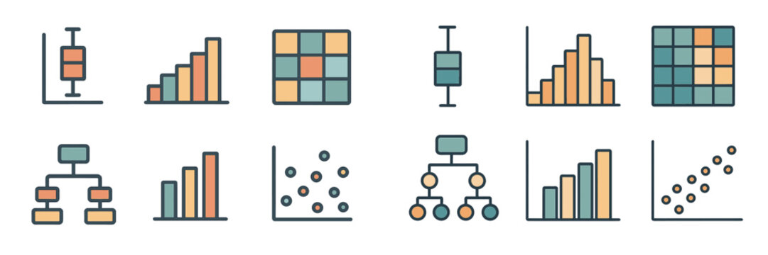Various data visualization techniques including box plots, bar graphs, and scatter plots displayed in a minimalist style