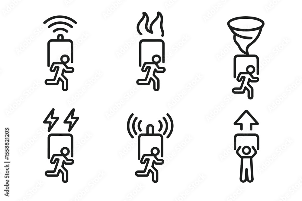 Poster symbols representing emergency alerts and actions for various situations in a minimalistic design