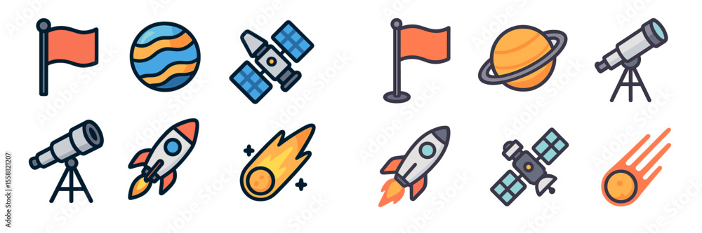 Poster colorful space-themed icons representing planets, rockets, telescopes, and celestial objects for edu