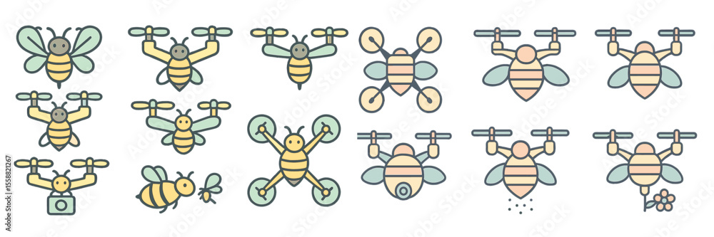 Poster creative illustrations of bees and drones in various designs showcasing their interactions and funct