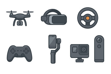 Technology icons representing modern gaming, virtual reality, and drone equipment displayed in a flat design style