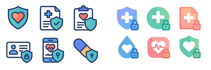 Health and medical icons illustrating care, data security, and digital health solutions in a vibrant design