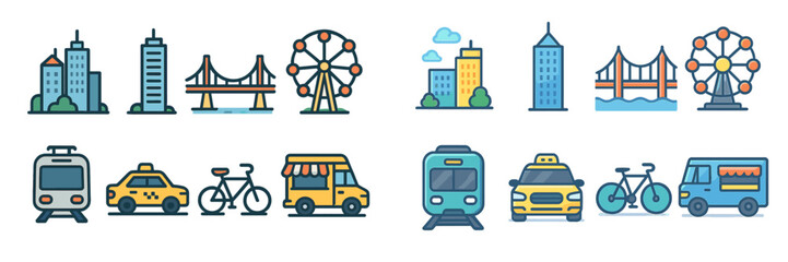 Obraz premium City transportation and skyline elements showcasing urban life with various modes of transit in a lively metropolitan area