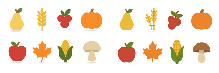 Colorful autumn harvest featuring various fruits, vegetables, and leaves in a cheerful arrangement