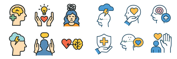 Collection of mental health icons representing emotions, thoughts, and well-being concepts in a colorful design