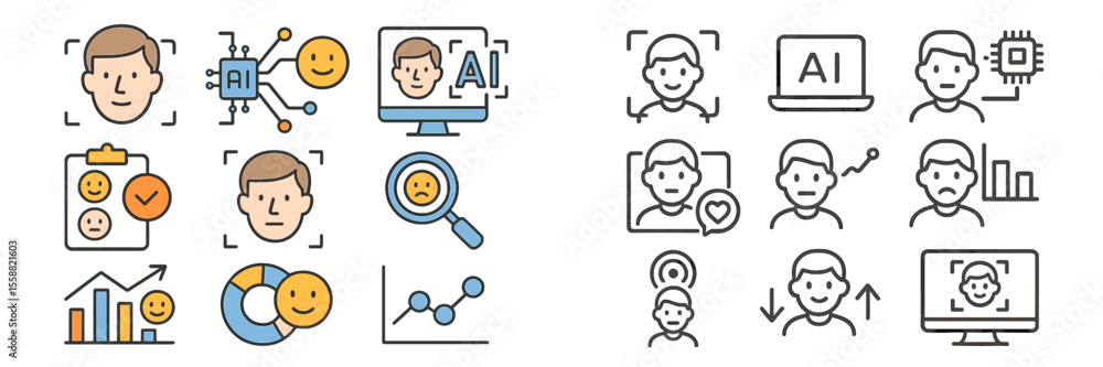 Poster conceptual illustrations of artificial intelligence applications in facial recognition and emotional