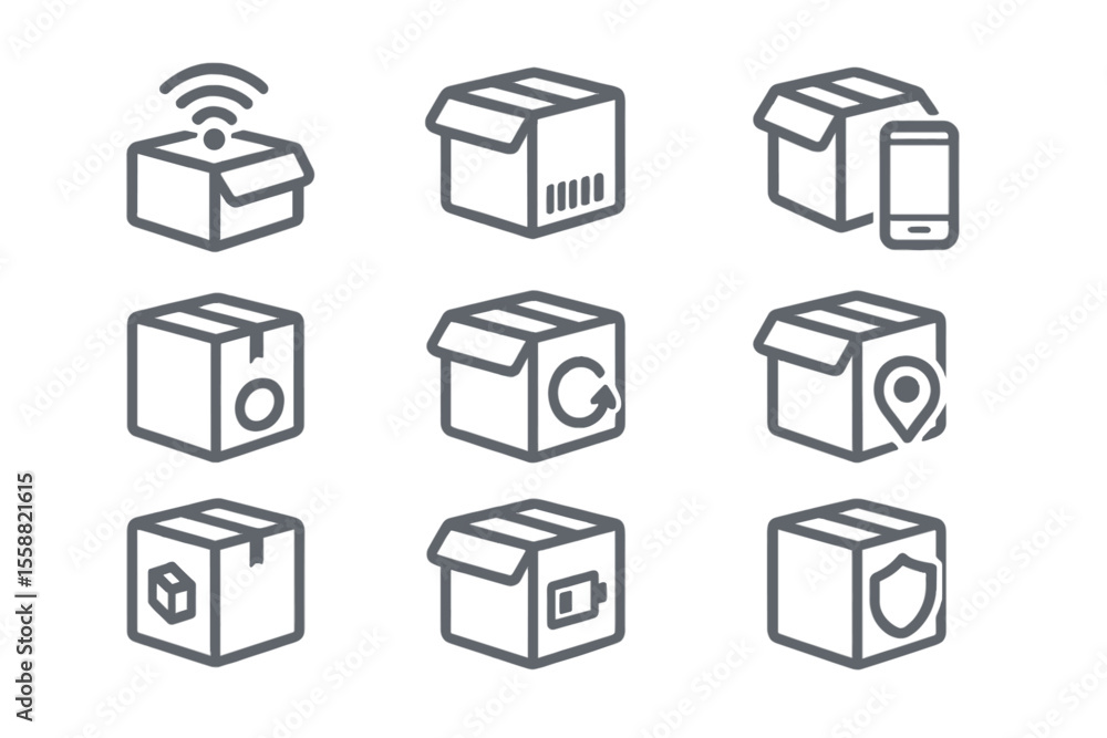 Poster icons representing various aspects of package tracking and delivery processes in a simple, modern de