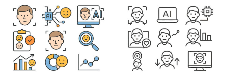 Conceptual illustrations of artificial intelligence applications in facial recognition and emotional analysis on different devices
