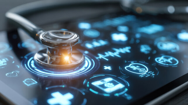 Close-up of stethoscope touching a glowing tablet screen with futuristic digital health icons, blue tech background, concept of telemedicine and remote diagnostics