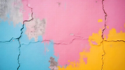 Fototapeta premium Close Up Concrete Wall Painted in Vibrant Pink Light Blue and Yellow with Cracks and Weathered Textures