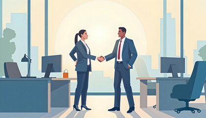 Business Handshake in Modern Office with City View Partnership Agreement