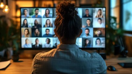 Virtual meeting video conference remote work woman computer screen home office technology communication online meeting business teamwork digital people modern internet connection office desk person - Powered by Adobe