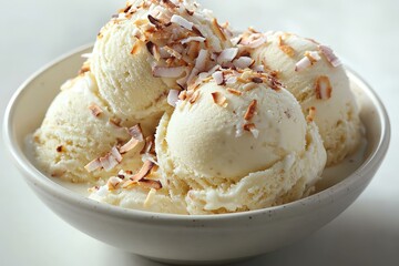 Delicious coconut ice cream in bowl: sweet indulgence topped with toasted coconut flakes