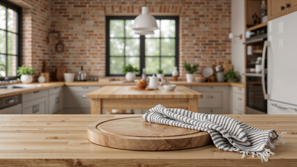 Rustic Kitchen Table Wooden Cutting Board Striped Towel Natural Wood Surface