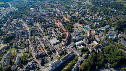 Aerial  panorama view of the old town of the city Plauen on a sunny noon in summer in Germany.