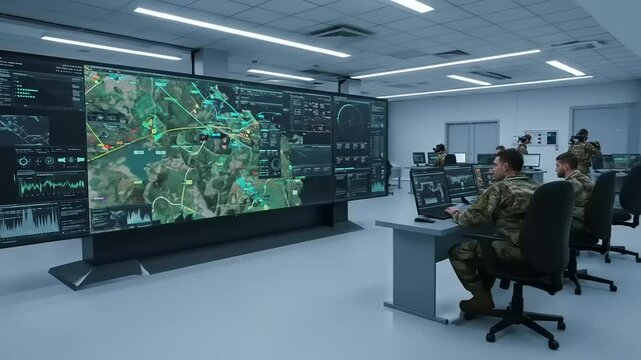 Military personnel analyzing data on large screens in a high-tech operations center with detailed maps