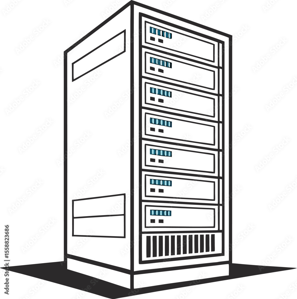 Poster vector art of a modern server rack isolated on white background, storing digital data