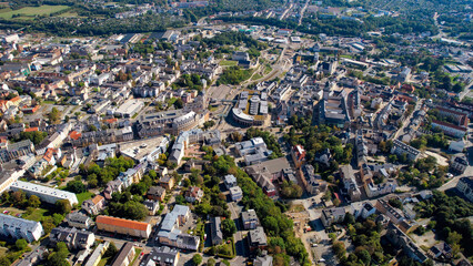 Aerial  panorama view of the old town of the city Plauen on a sunny noon in summer in Germany.