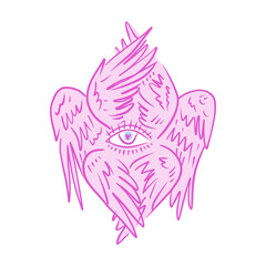 Bible cartoon pink accurate angel hand-drawn doodle psychedelic illustration with many eyes isolated clipart on white background. Perfect for tattoo or sticker or t shirt print and more. Be not afraid