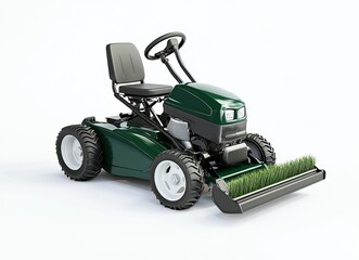 Green riding lawn mower with cut grass in front, isolated on white background.