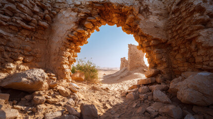 Archway in a Desert Ruin made of Sandy Stone in Warm Sunlight