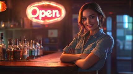 attractive barmaid smiling at the bar