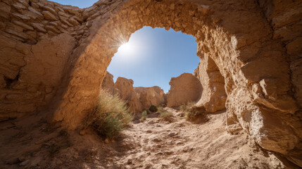 Exploring Ancient Desert Ruins Through a Weathered Stone Arch