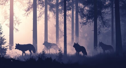 Misty Forest Scene Featuring a Pack of Wolves at Dawn