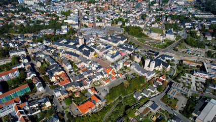 Aerial  panorama view of the old town of the city Plauen on a sunny noon in summer in Germany.