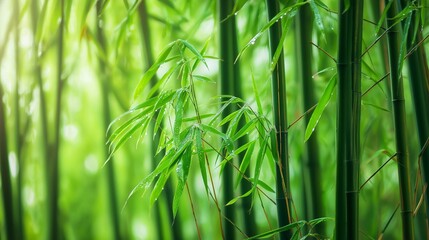 Vibrant bamboo forest with lush green stalks and leaves, creating a serene and peaceful atmosphere for relaxation.