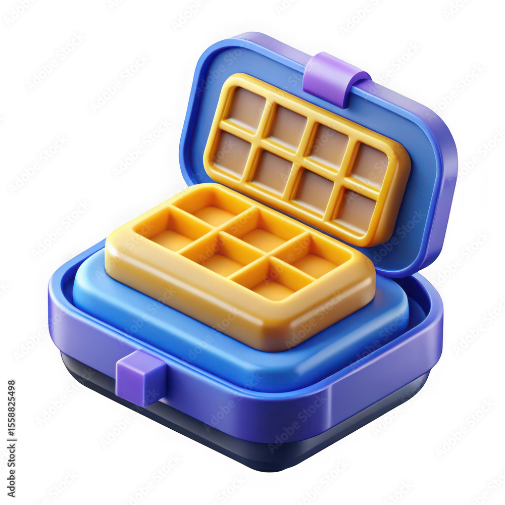 Poster stylized 3d illustration of an open waffle maker with golden waffles inside isolated on transparent 