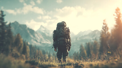 Person Hiking Toward Mountains Under Soft Sunlight
