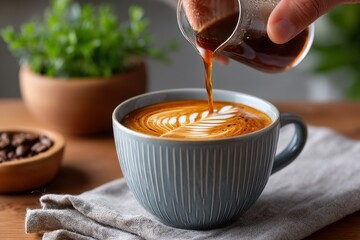 Barista pouring steamed milk into espresso to create beautiful latte art.