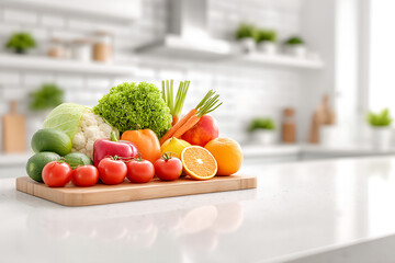 Clean Modern Kitchen Counter with Fresh Fruits and Vegetables