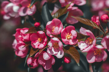 Beautiful pink crabapple blossoms are blooming on a tree branch, illuminated by warm spring sunlight, creating a vibrant and colorful display of nature's beauty.