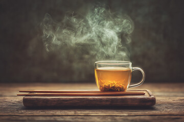 Steaming Cup of Herbal Tea on Wooden Tray with Warm Tones