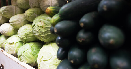 Cucumbers and cabbages together displayed for sale at a traditional Brazilian fair. Healthy food. Nutrition